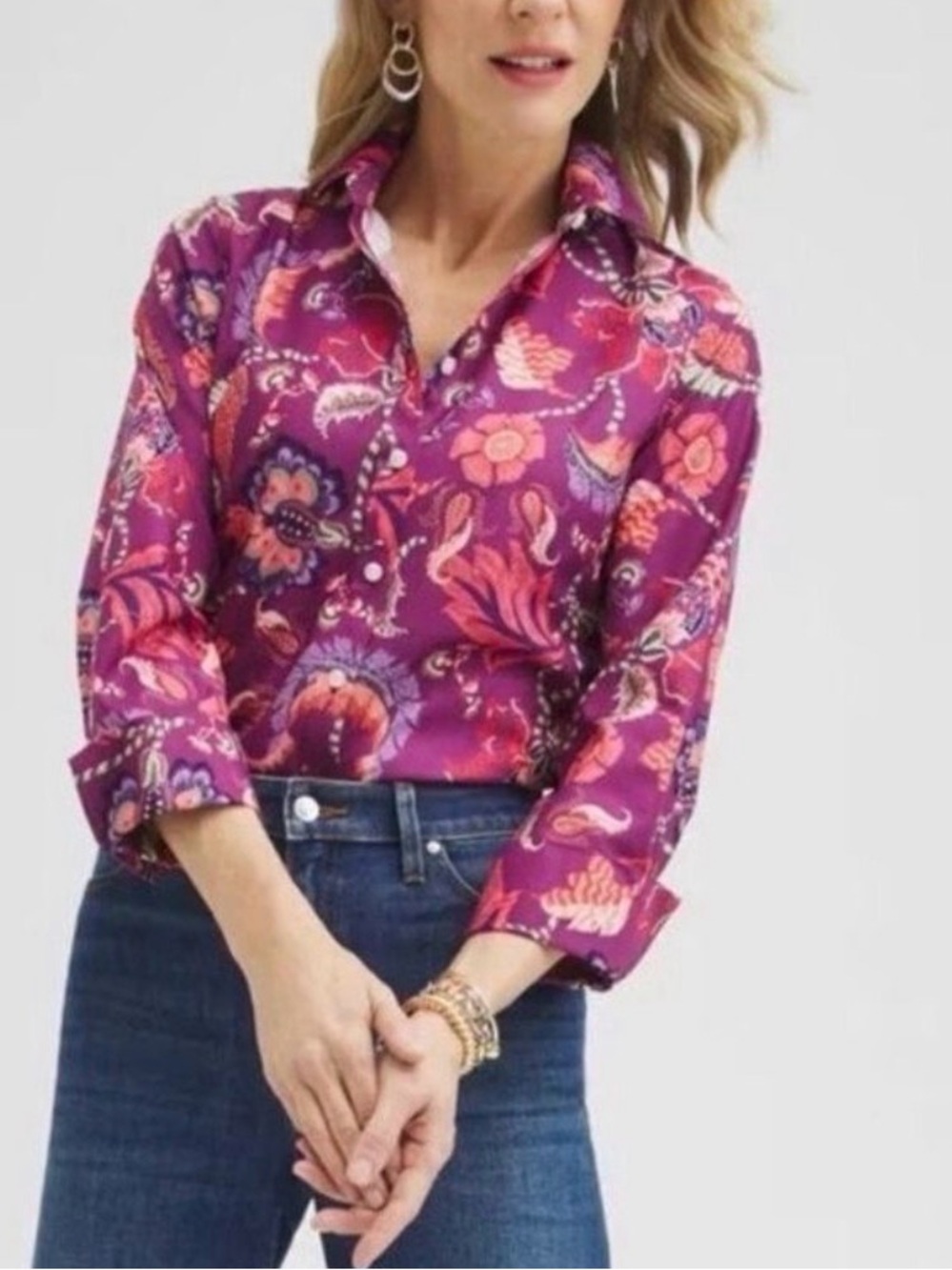 Chico's Fuchsia Floral-Print Button Front Blouse